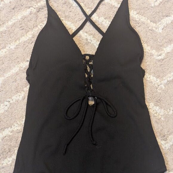 Women's Solid Color V Neck Lace Up One Piece Swimsuit Size M - Picture 4 of 7